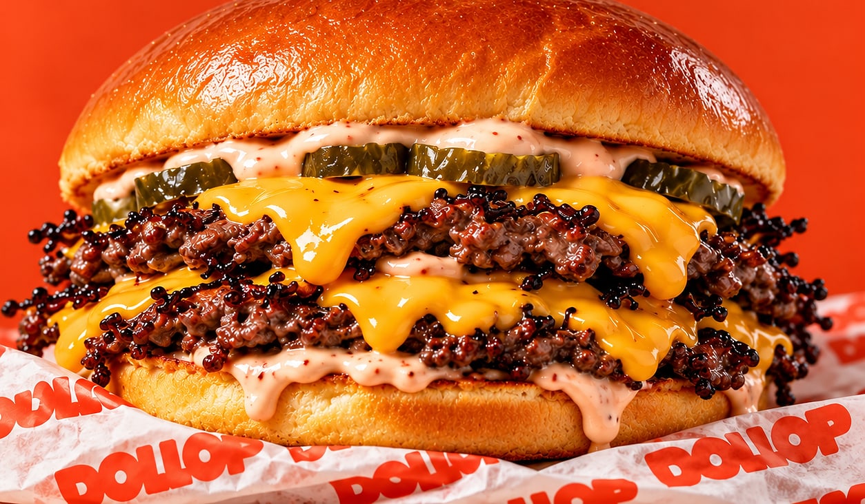 Double smash burger with melted cheese, pickles and DOLLOP sauce